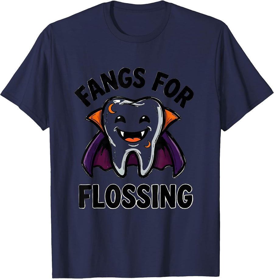 Fangs For Flossing Funny Dental Hygienist Halloween T-Shirt - Navy Blue