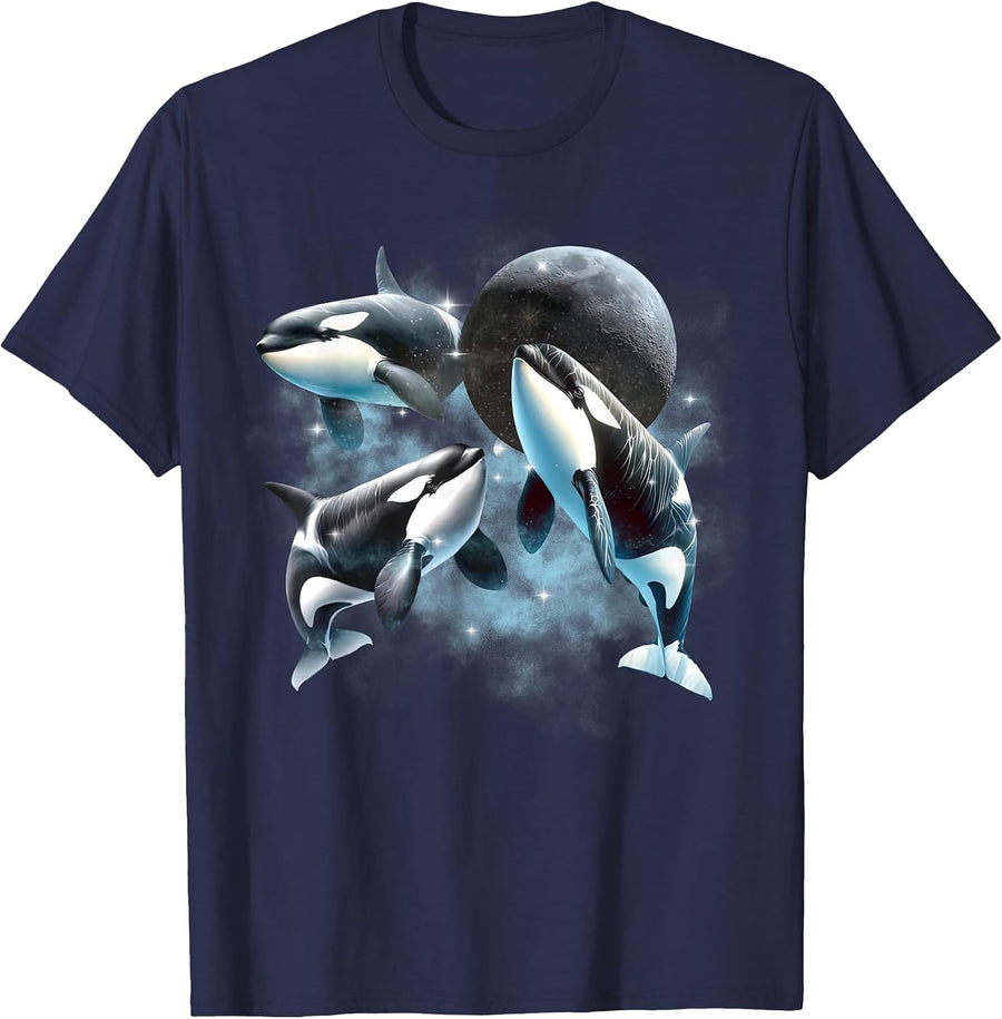 Three Orcas Howling The Moon Vintage 90s Sea Animal Moon T-Shirt - Navy Blue