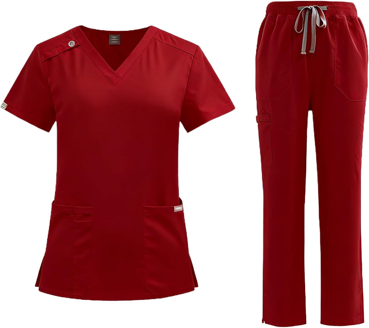 Scrub Suit Set Short Sleeve Unisex V Neck Top with 2 Pockets Straight Leg Pants with Waist Medical Uniform DK86 - Red