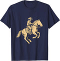 Cowboy Riding Horse Blazing Sunset Illustration T-Shirt - Navy Blue
