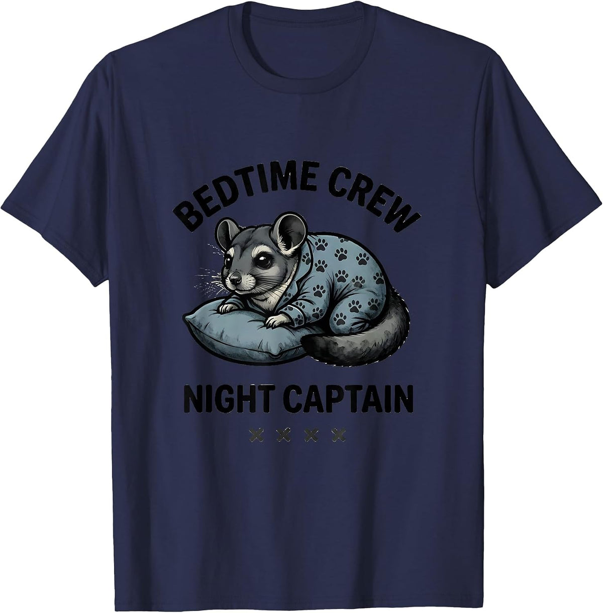 Bedtime Crew Night Captain Funny Sleepy Chinchilla Pajama T-Shirt - Navy Blue