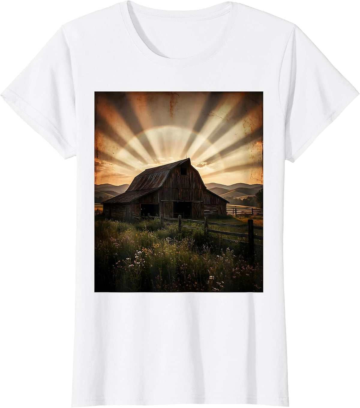 Barn at Dusk Rolling Hills Scenic Illustration T-Shirt - White