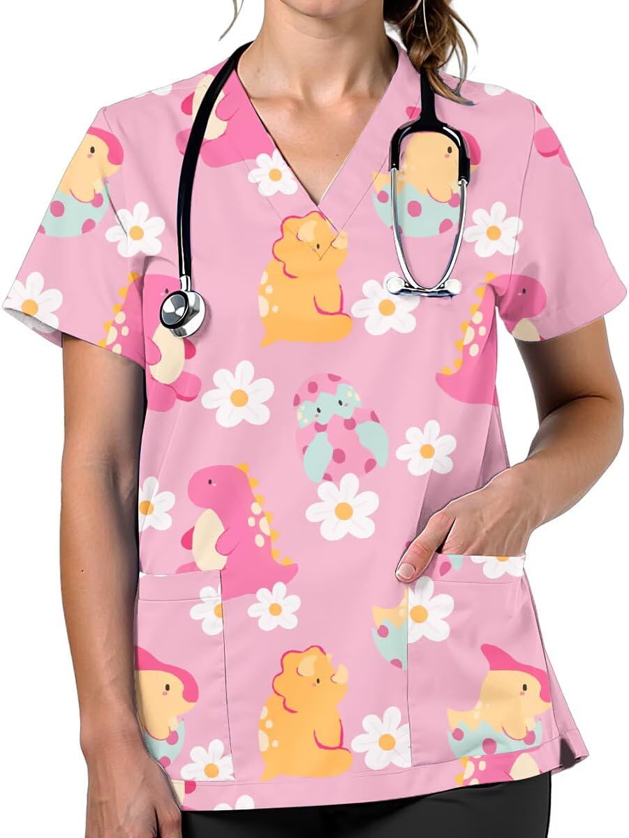 Scrubs for Women Cute Printed V Neck Scrub Top Nurse Shirt - D3450-pink