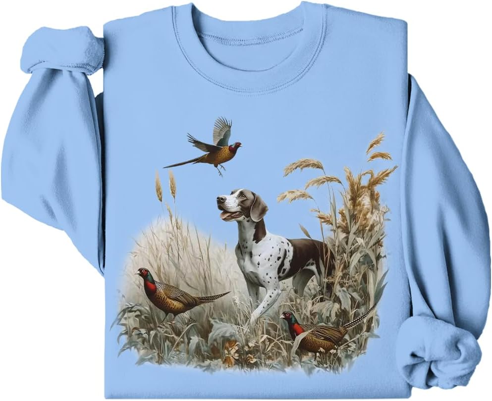 Retro German Shorthaired Pointer Dog & Pheasants Sweatshirt, 90s Vintage GSP Ring-Necked Hunter Sweatshirt - Carolina Blue
