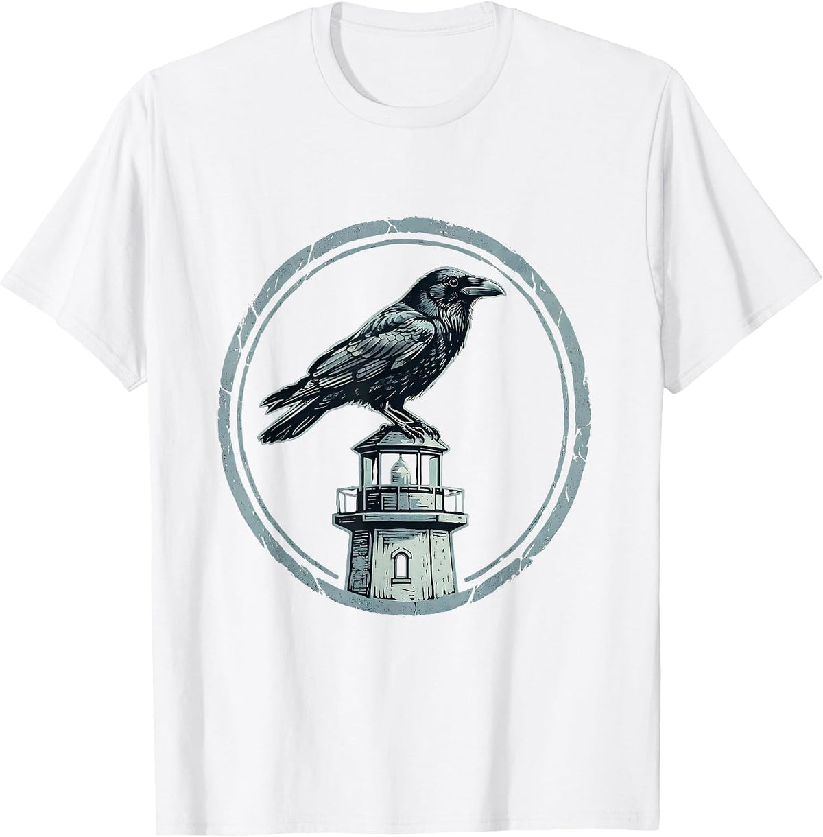 Men's Crow Perched on Old Lighthouse Illustration T-Shirt - White