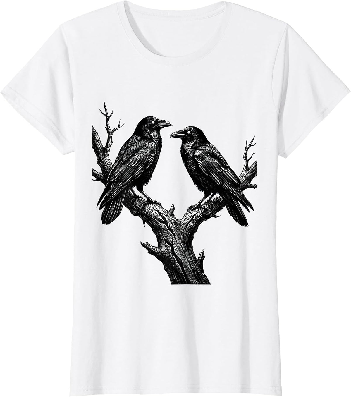 Two Crows Facing Off on a Dead Branch T-Shirt - White