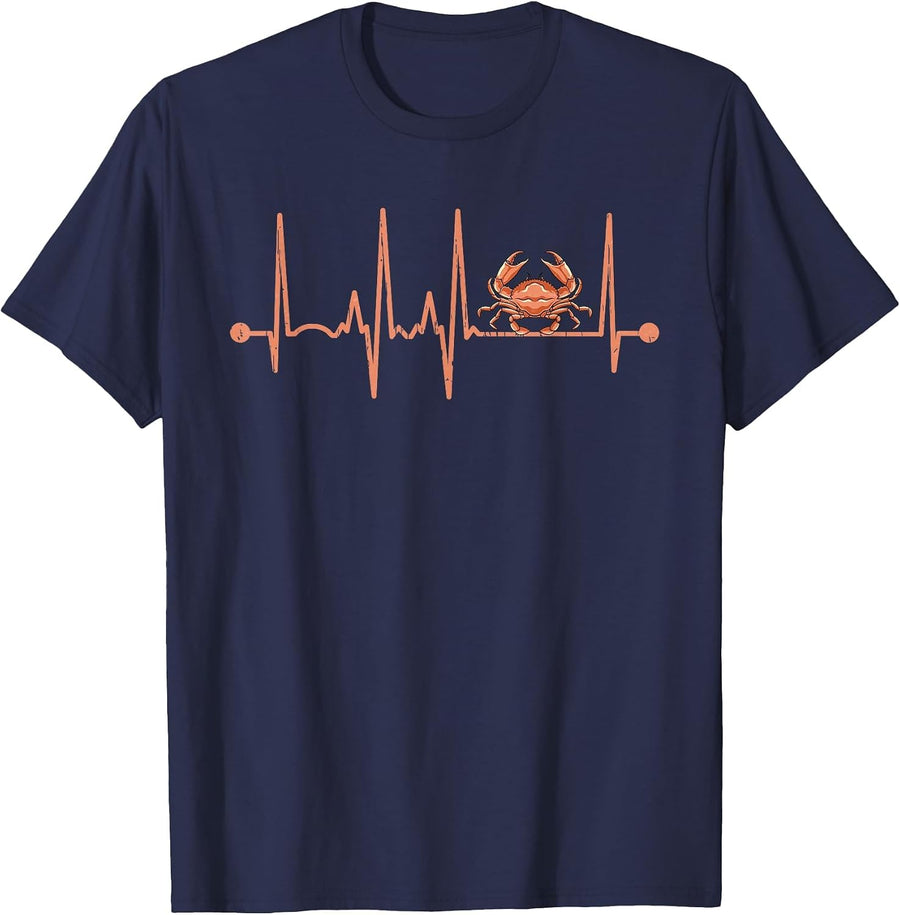 Crab Heartbeat EKG Marine Life Ocean Lovers Graphic T-Shirt - Navy Blue