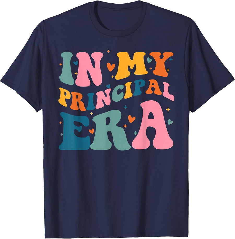in My Principal Era Groovy School Principal Back to School T-Shirt - Navy Blue