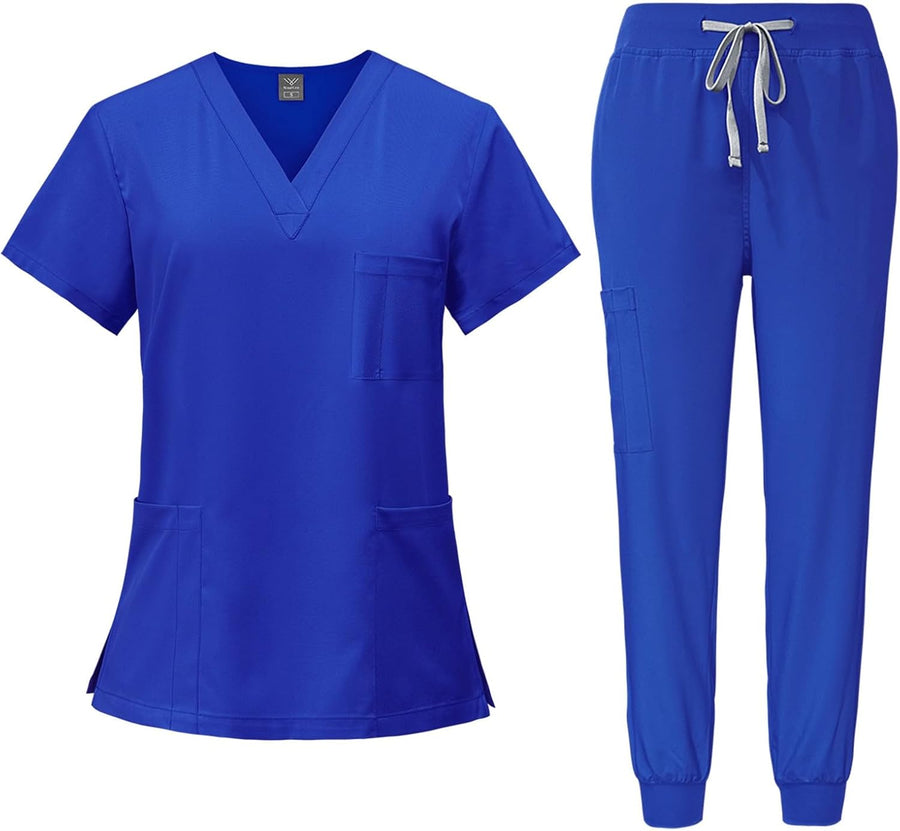 Scrubs Sets for Women Short Sleeve V-Neck Scrub Top Drawstring Scrubs Pants with Pockets Nursing Workwear Sets - 01-royal