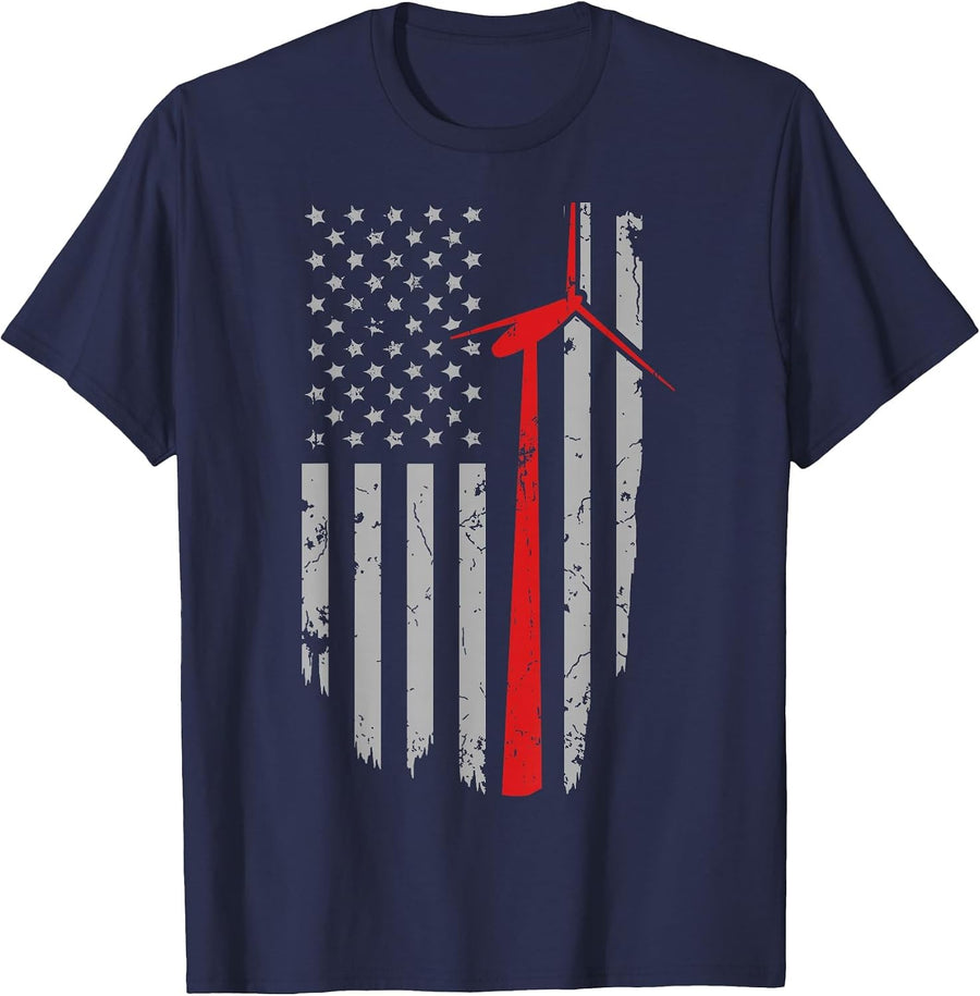 Vintage American Flag Mens Apparel, Wind Turbine Technician T-Shirt - Navy Blue