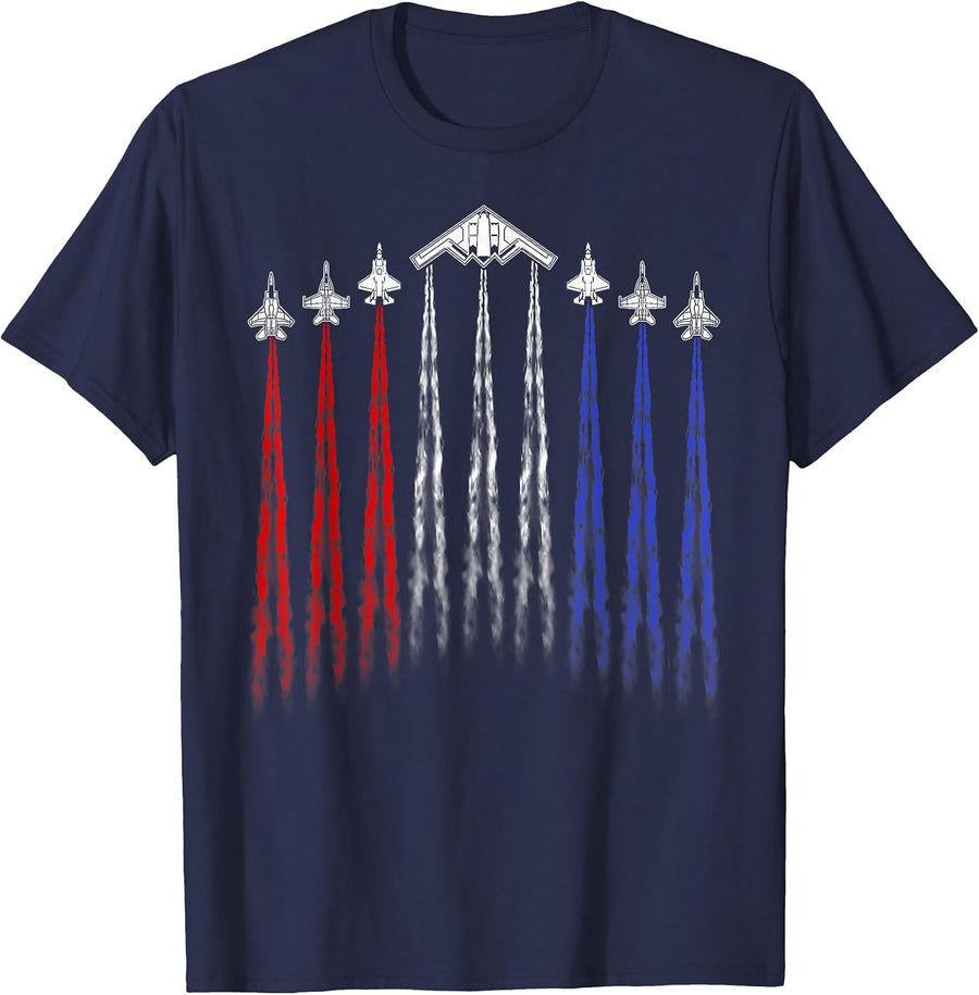 4th of July Fighter Jet Airplane Red White Blue Patriotic T-Shirt - Navy Blue