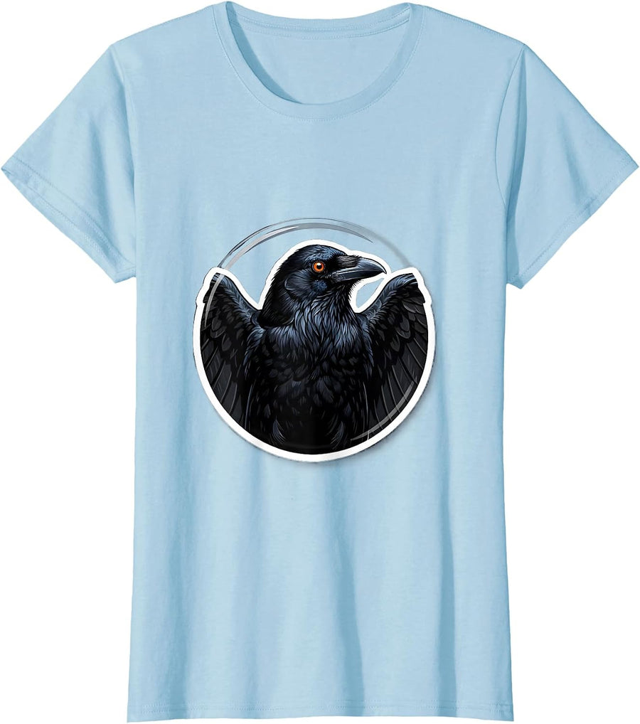 Women's Crow With Glowing Eye In Darkness Illustration T-Shirt - Baby Blue