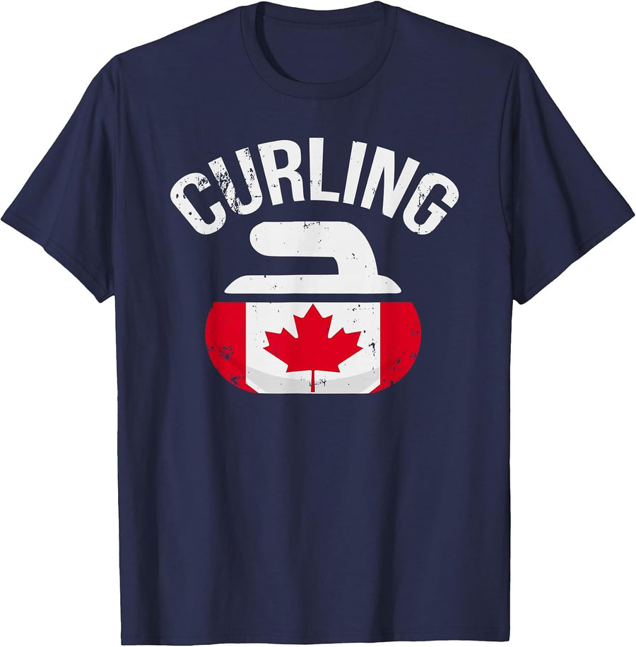 Canada Red White and Maple Flag Curling Stone T-Shirt - Navy Blue