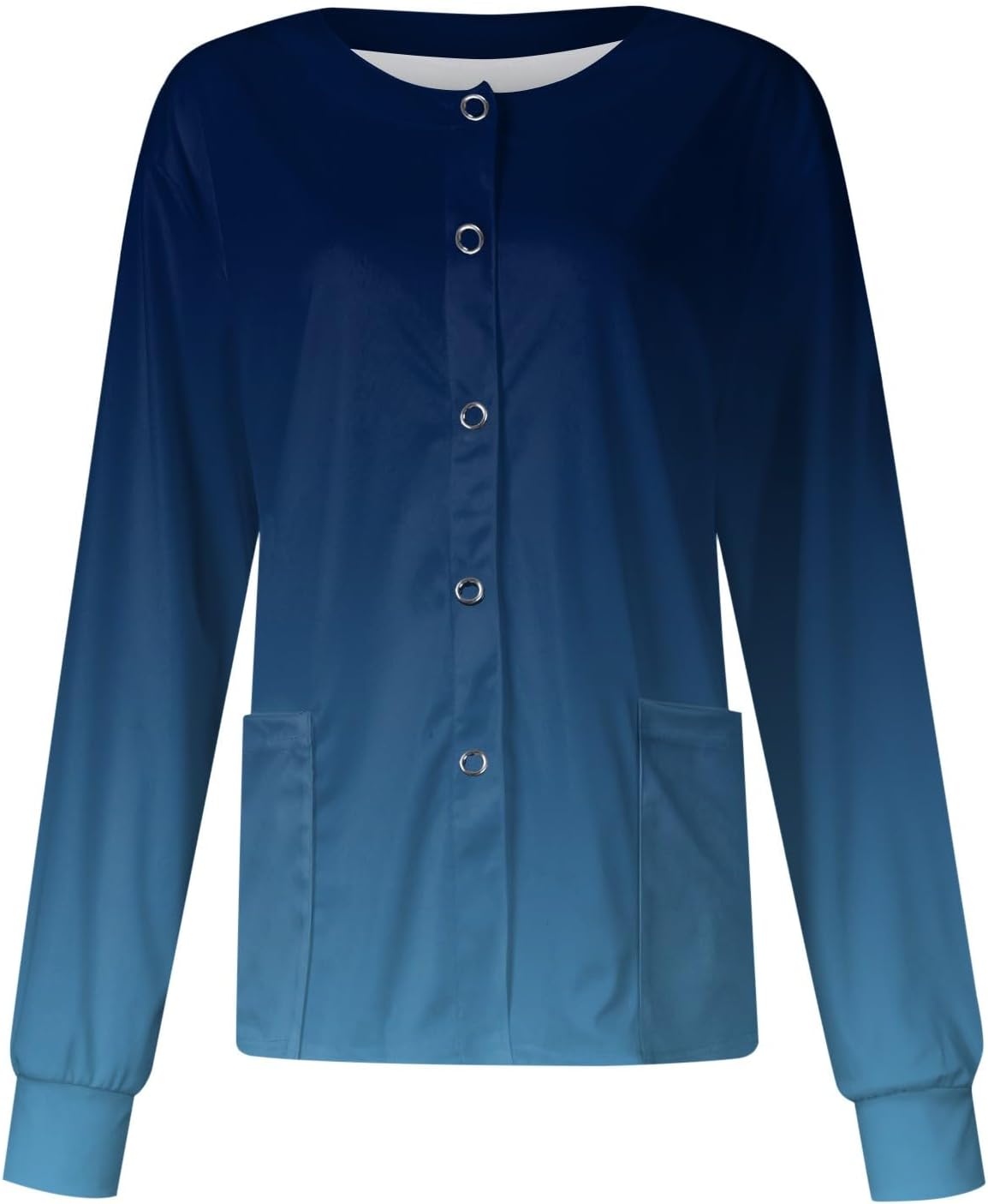 Scrub Jackets for Woman Long Sleeve Snap Front Medical Uniform Solid & Print Nurse Shirt with Pockets - 01-dark Blue
