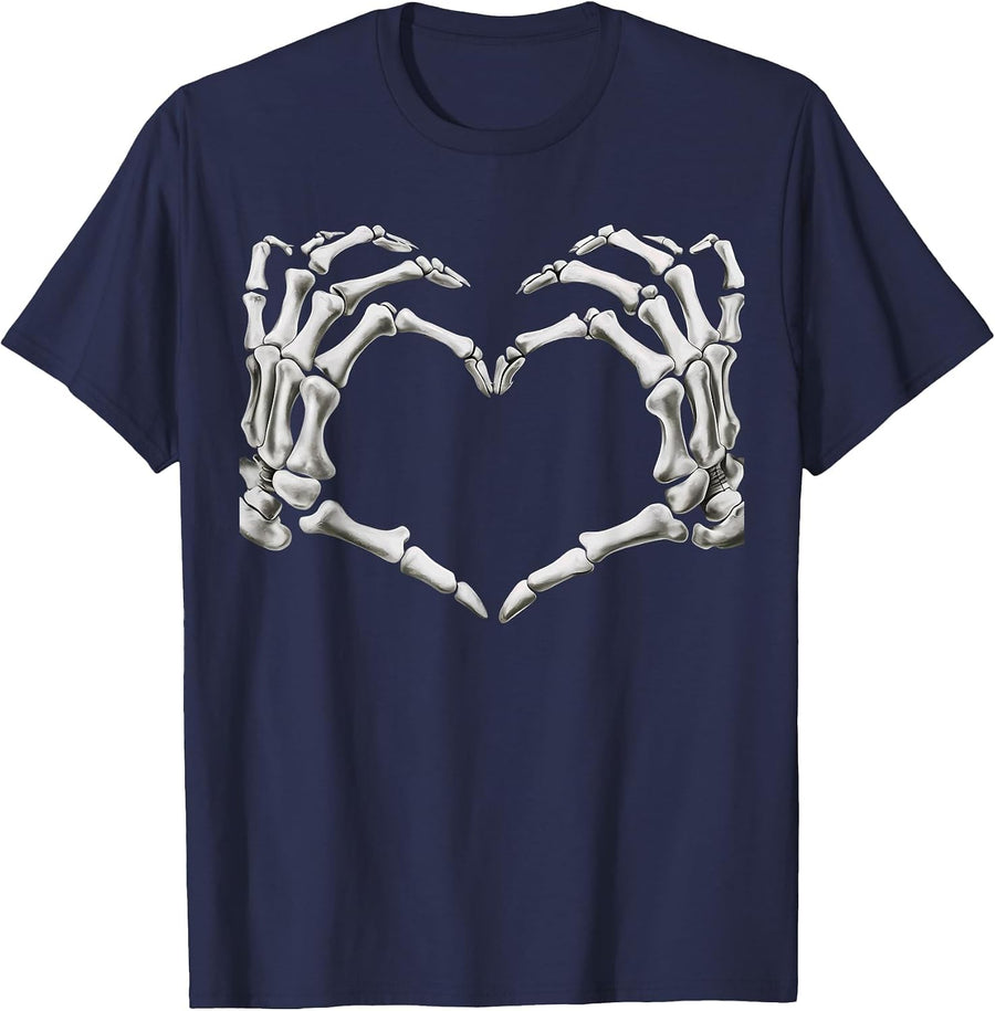 Spooky Skeleton Hands Heart Sign Halloween T-Shirt - Navy Blue