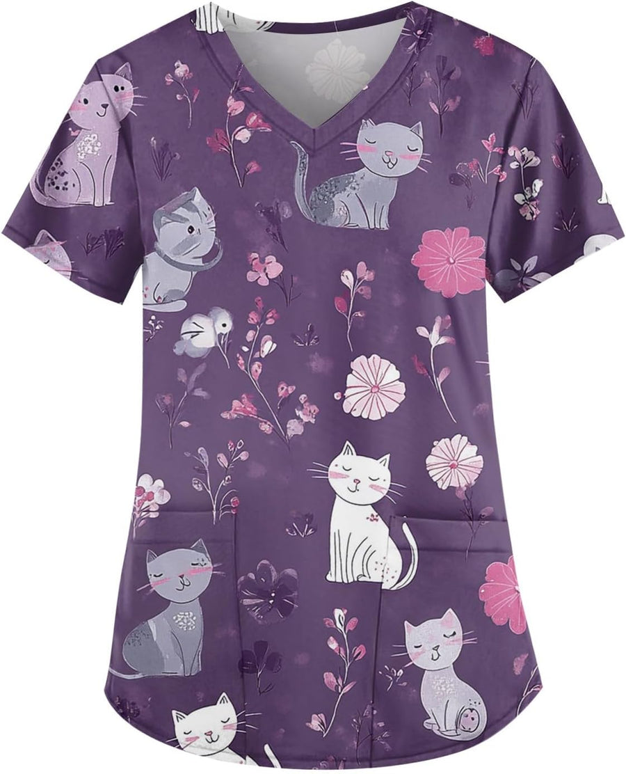 Scrubs for Women V Neck Short Sleeve Animal Print Nursing Uniform Top with Pockets - Stretch Medical Scrub Shirt -