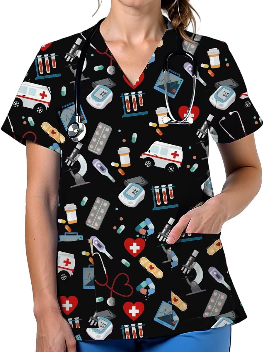 Scrubs for Women Cute Printed V Neck Scrub Top Nurse Shirt - D3312-black