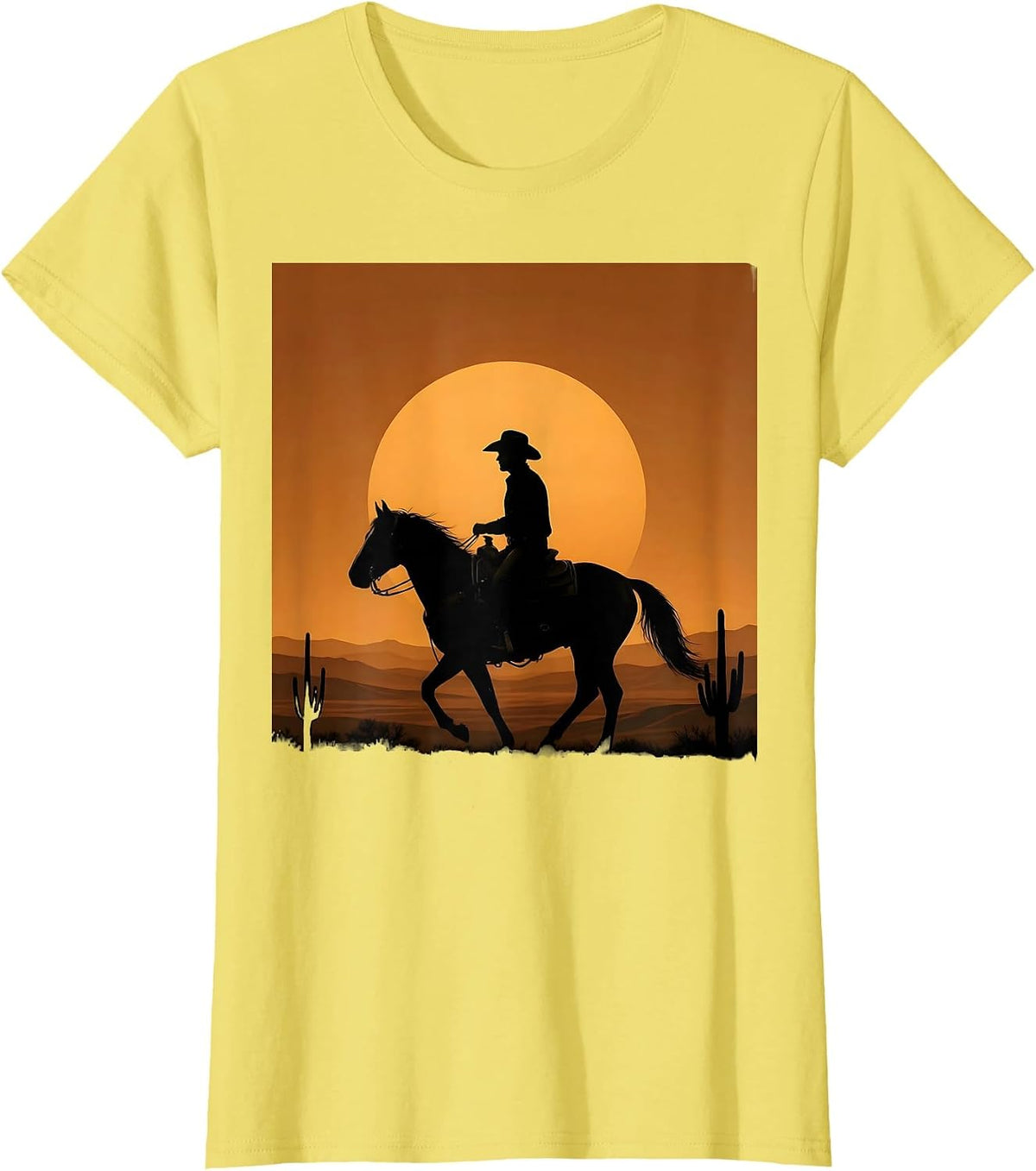 Lone Cowboy Riding Horse at Dusk Illustration T-Shirt - Lemon Yellow