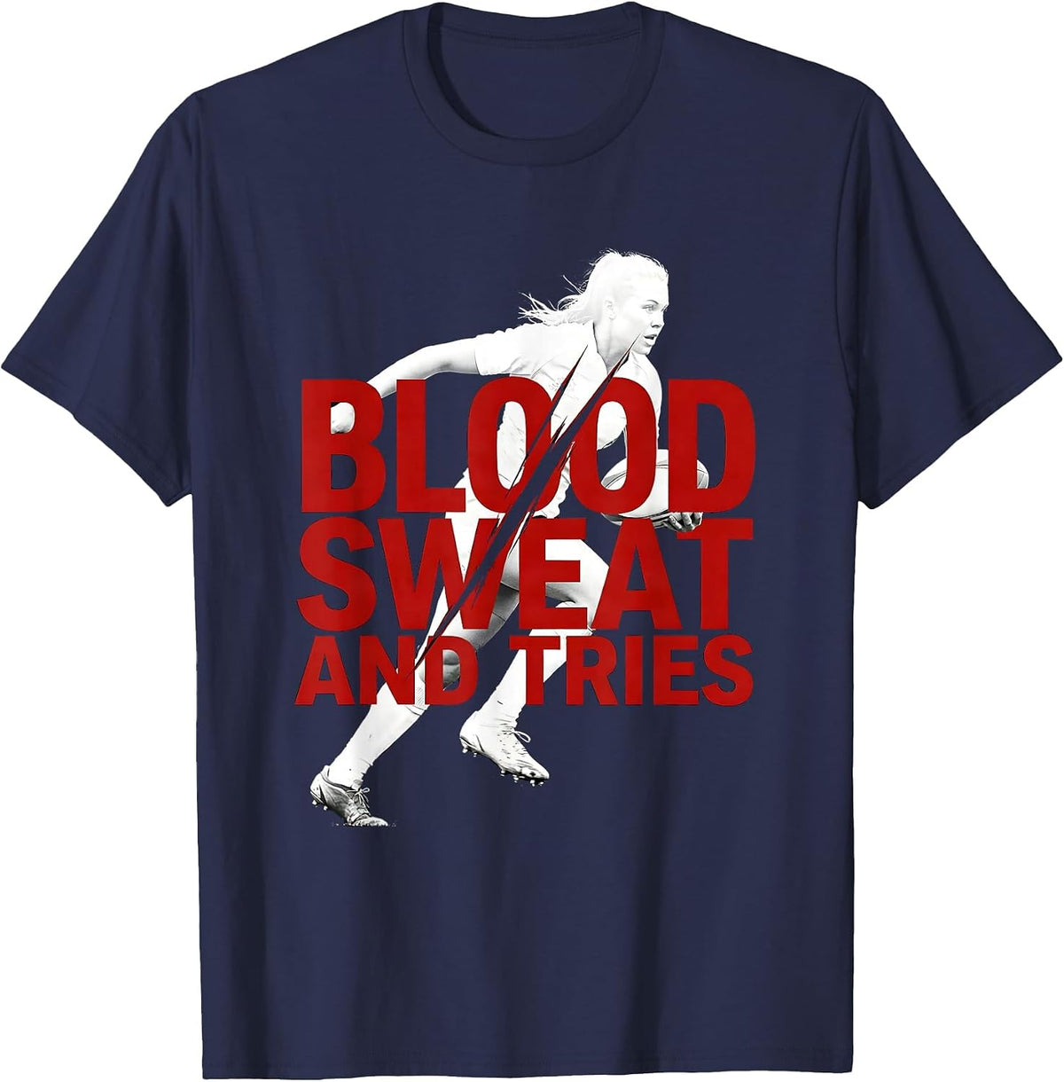 Blood Sweat and Tries Rugby Graphic Design T-Shirt - Navy Blue