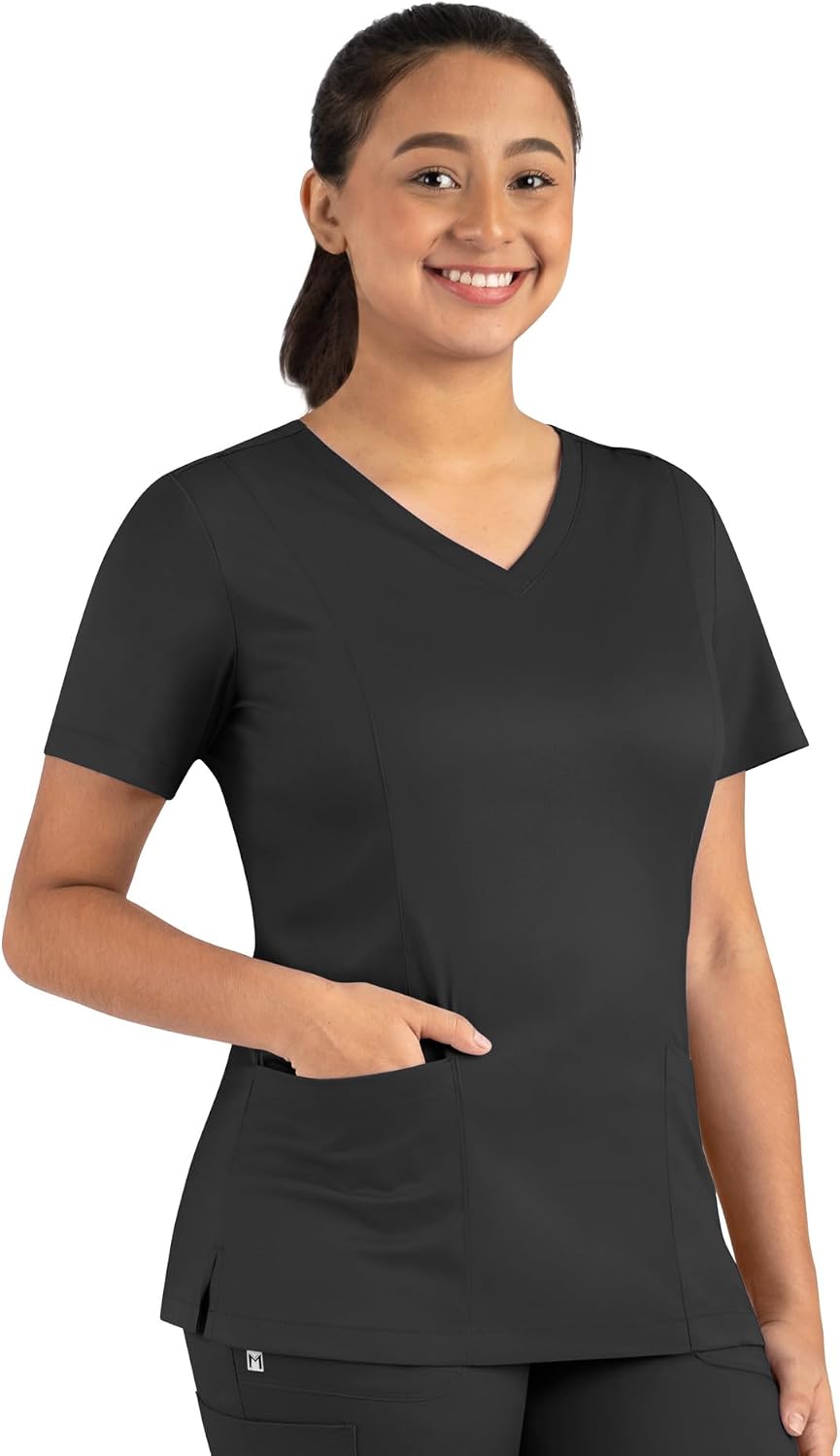 Maevn Matrix Women’s Modern Fit Double V-Neck Medical Nurse Scrub Top, 3 Pockets, Inner Utility Loop, Bungee Loop - Black