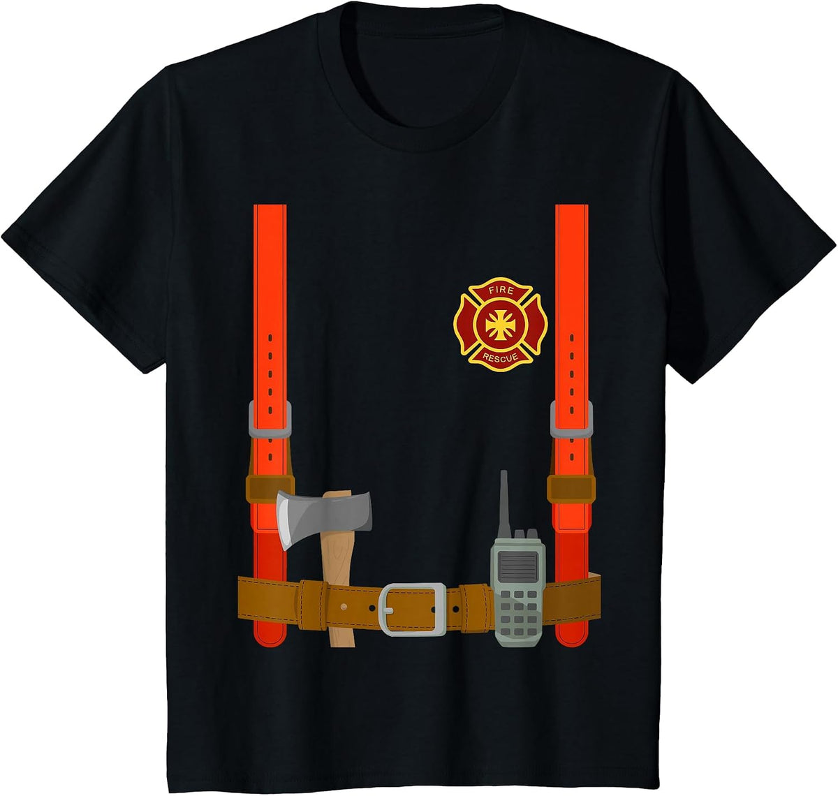 Firefighter Costume Halloween Fireman Uniform T-Shirt - Black