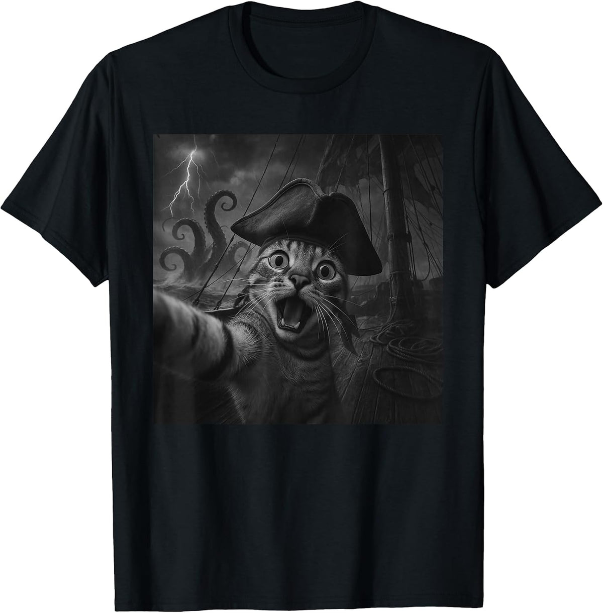 Cat Selfie with Kraken Octopus Funny Meme Men Women Kids T-Shirt, Men, Black, Small - As Pictured