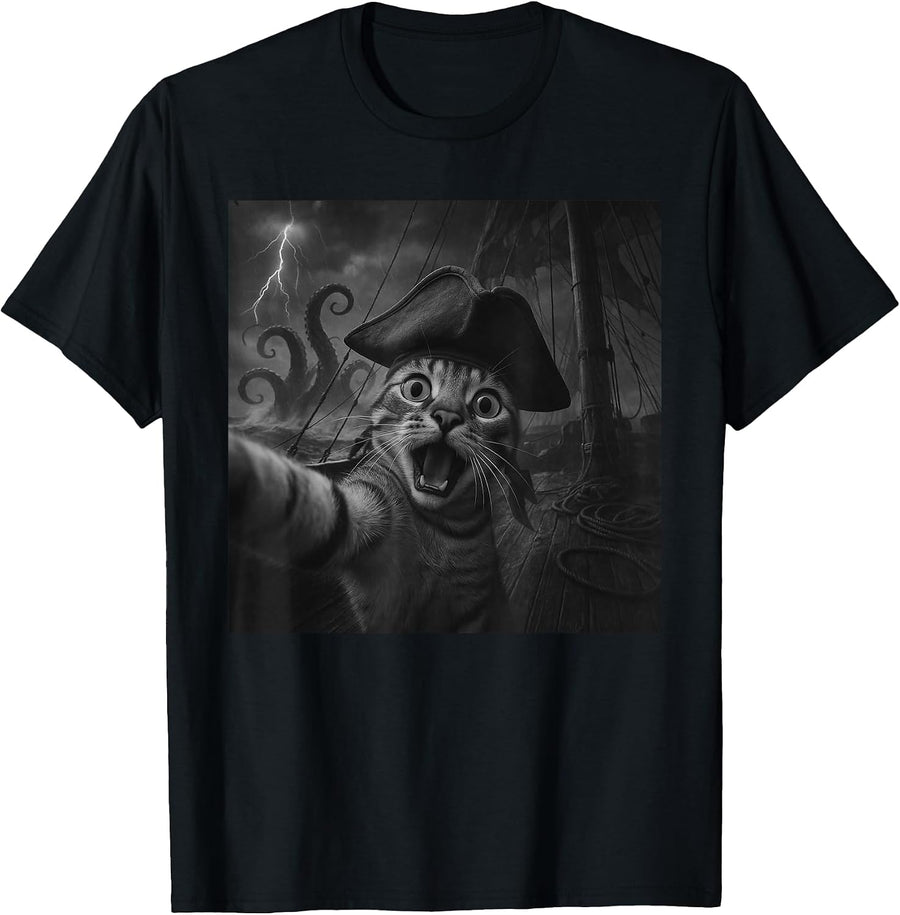 Cat Selfie with Kraken Octopus Funny Meme Men Women Kids T-Shirt, Men, Black, Small - As Pictured