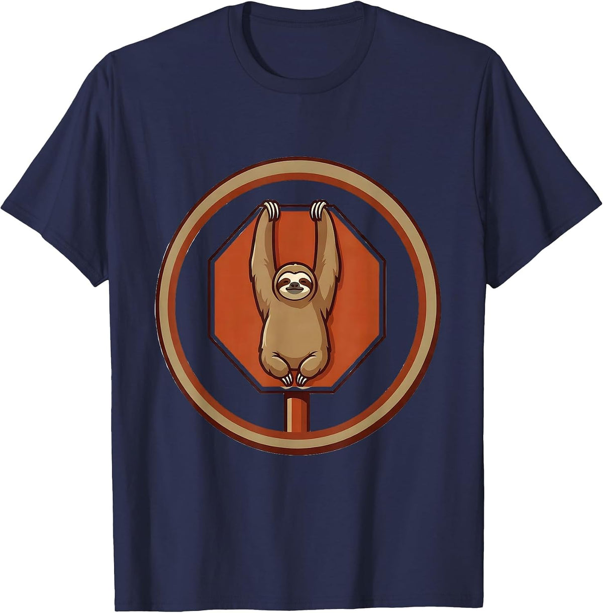 Men's Funny Sloth Hanging From Stop Sign Illustration T-Shirt - Navy Blue