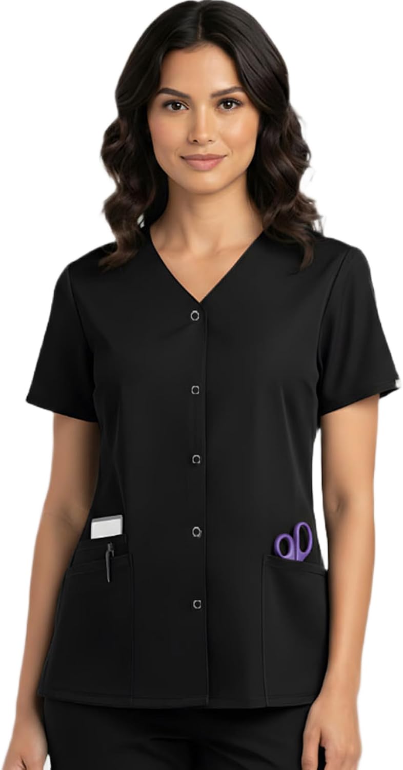 HEEDFIT Women's Snap Front Scrub Top – V-Neck Medical Shirt, Short Sleeve - Black