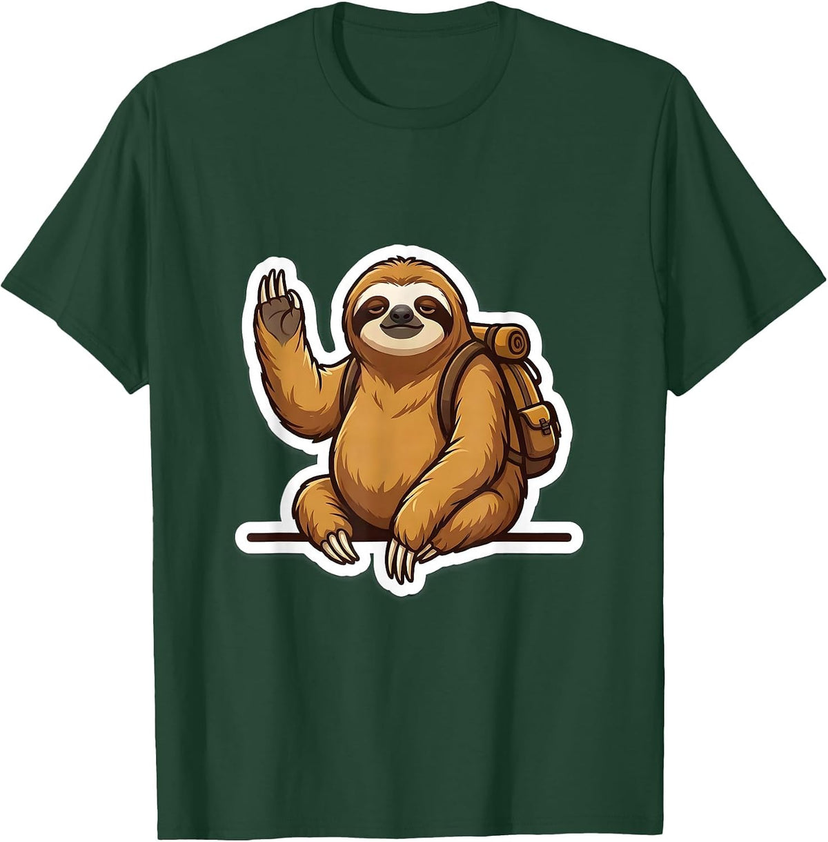 Men's Round-Faced Sloth Sticker-Style Cute Mascot Gift T-Shirt - Dark Green