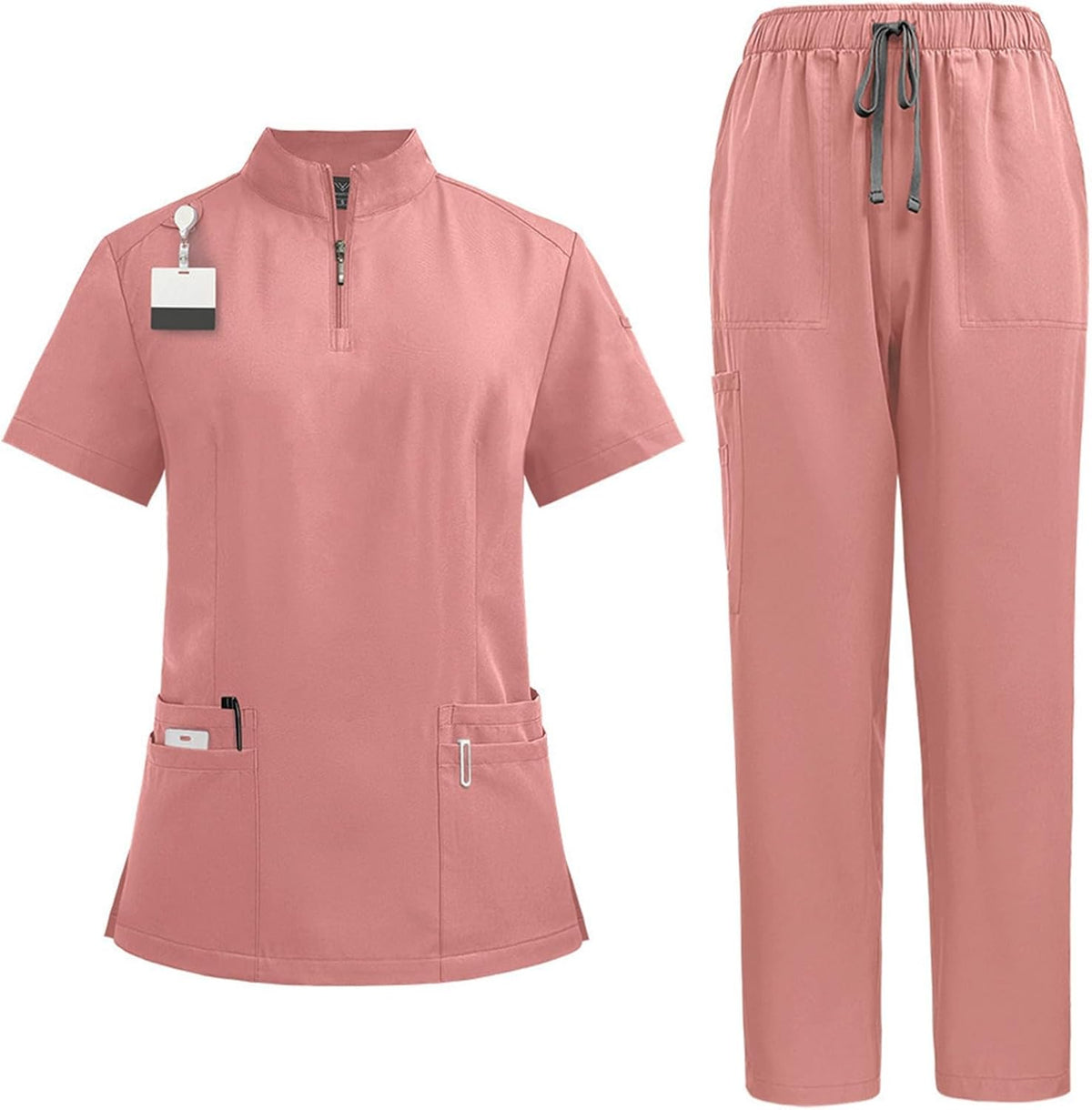 Scrubs for Women Set V Neck Stretch Jogger with Pockets Nursing Uniform - A26-pink