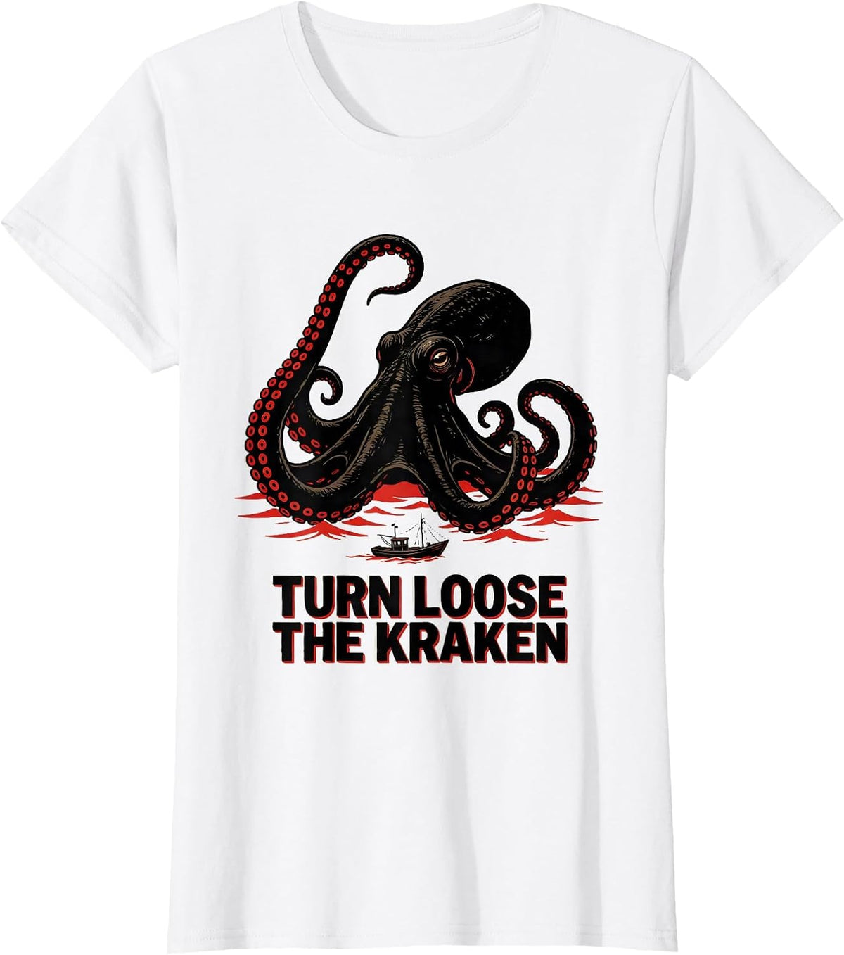 Turn Loose The Kraken Wood Type Letterpress Octopus Lover T-Shirt - White