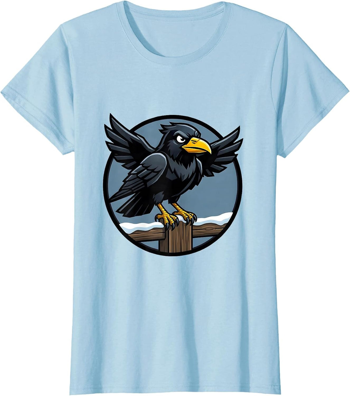 Crow on Snow-Covered Fence Post Illustration T-Shirt - Baby Blue
