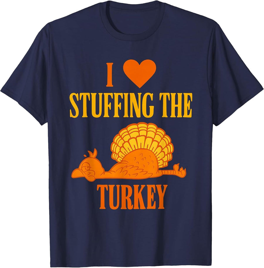 I Love Stuffing The Turkey Couple Matching Thanksgiving T-Shirt - Navy Blue