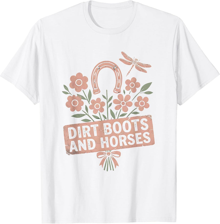 Men's Dirt Boots and Horses Equestrian Design T-Shirt - White