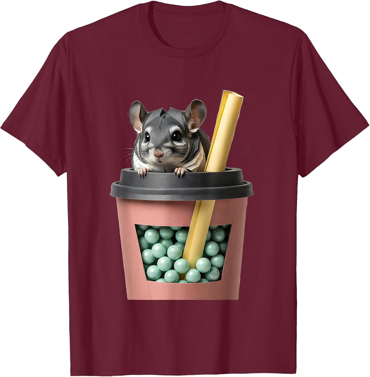 Oversized Boba Cup Kawaii Chinchilla Cute Animal Lover T-Shirt - Burgundy