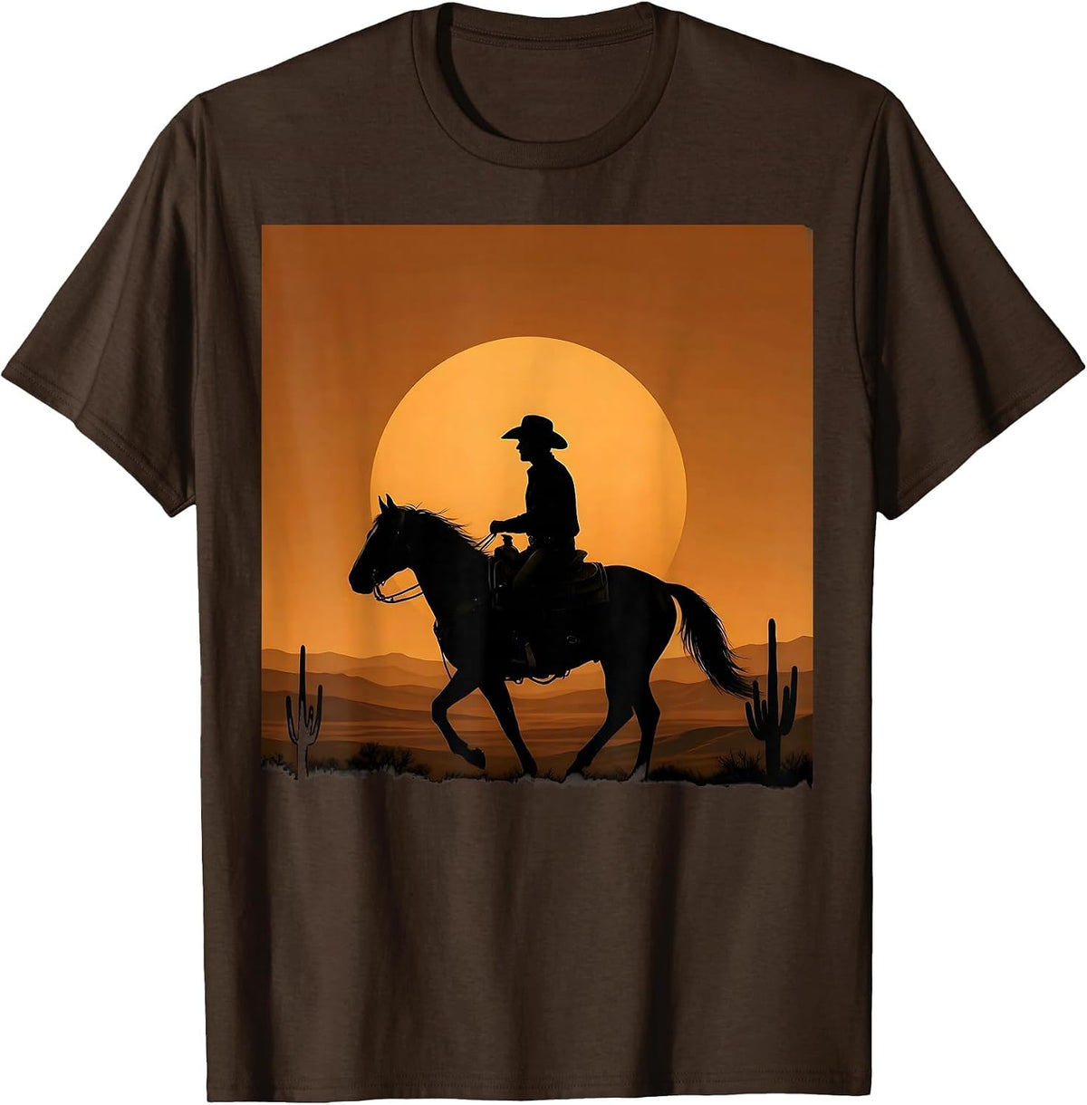 Lone Cowboy Riding Horse at Dusk Illustration T-Shirt - Brown