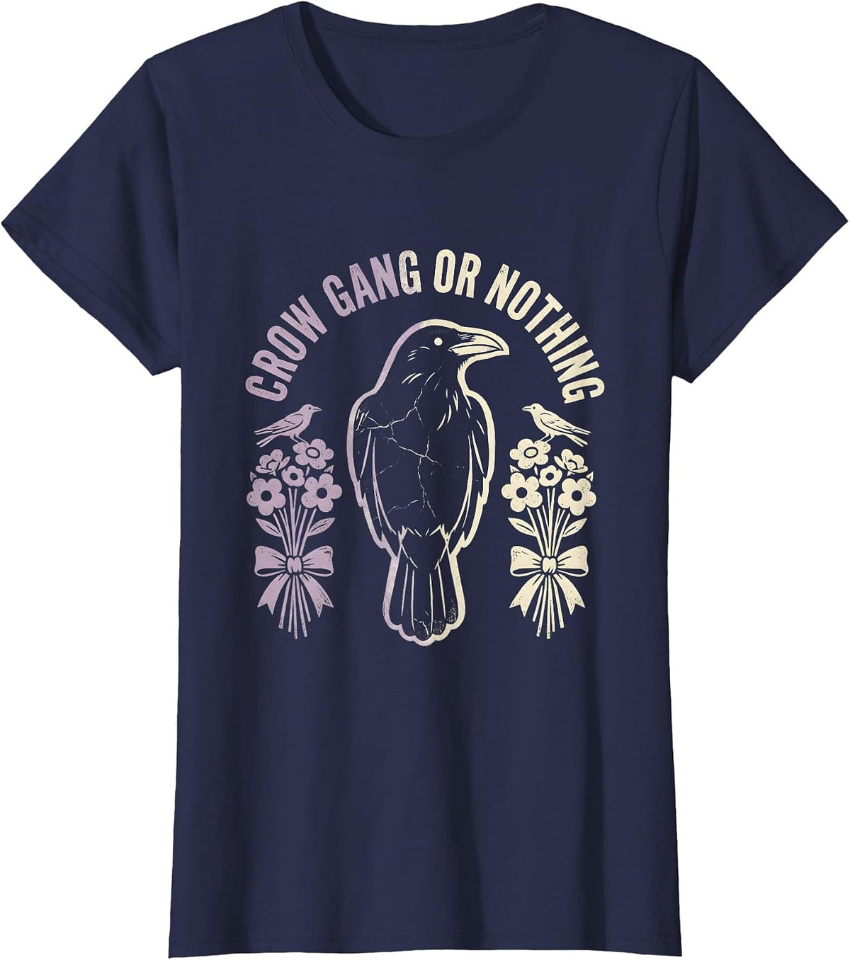 Women's Crow Gang or Nothing Bold Bird Crew Design T-Shirt - Navy Blue