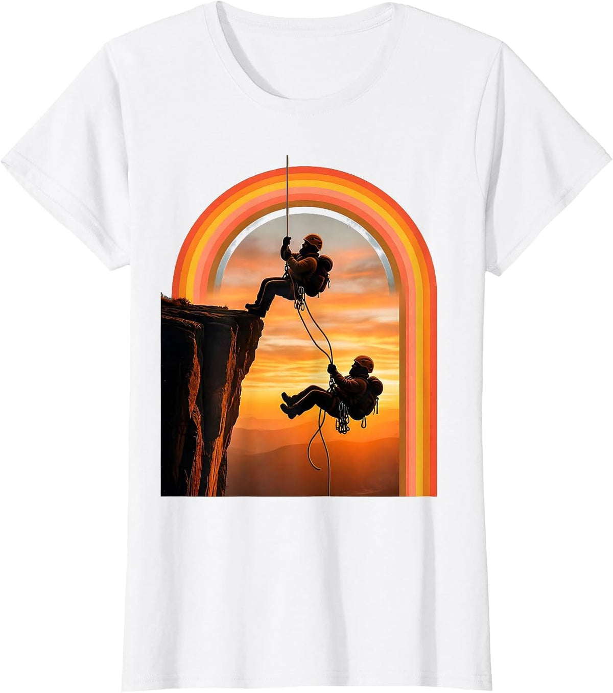 Mountaineer Hanging Over Ledge Funny Climbing T-Shirt - White