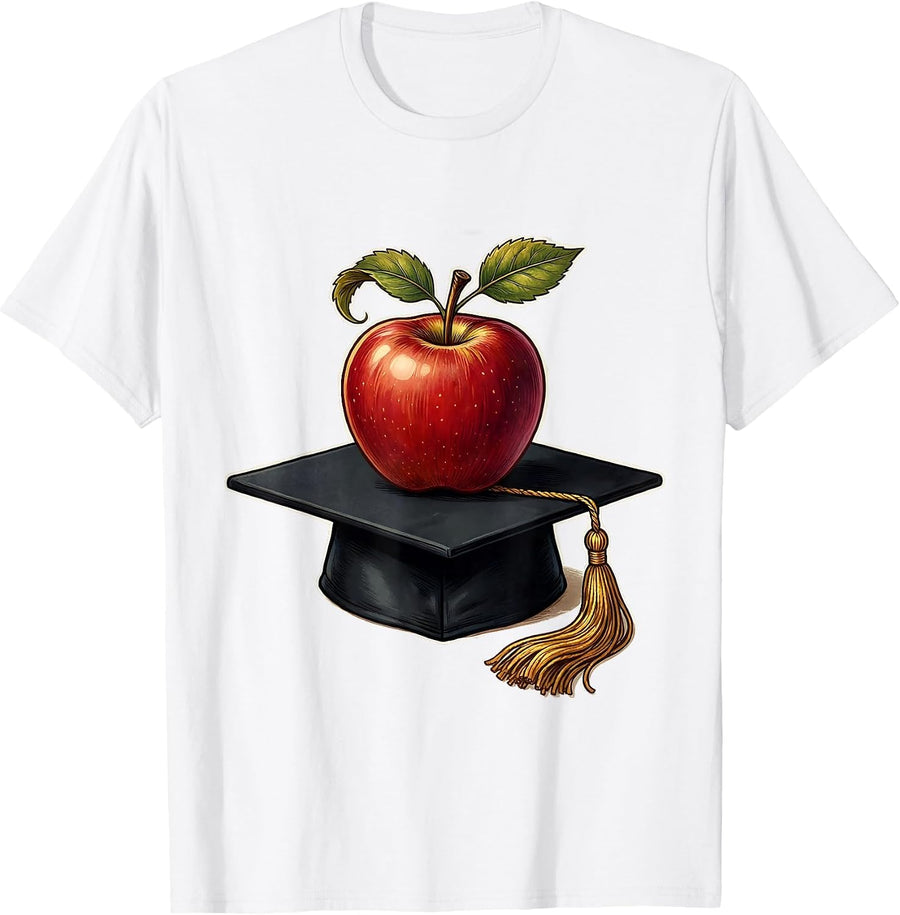 Men's Paraprofessional Apple Graduation Cap Illustration T-Shirt - White