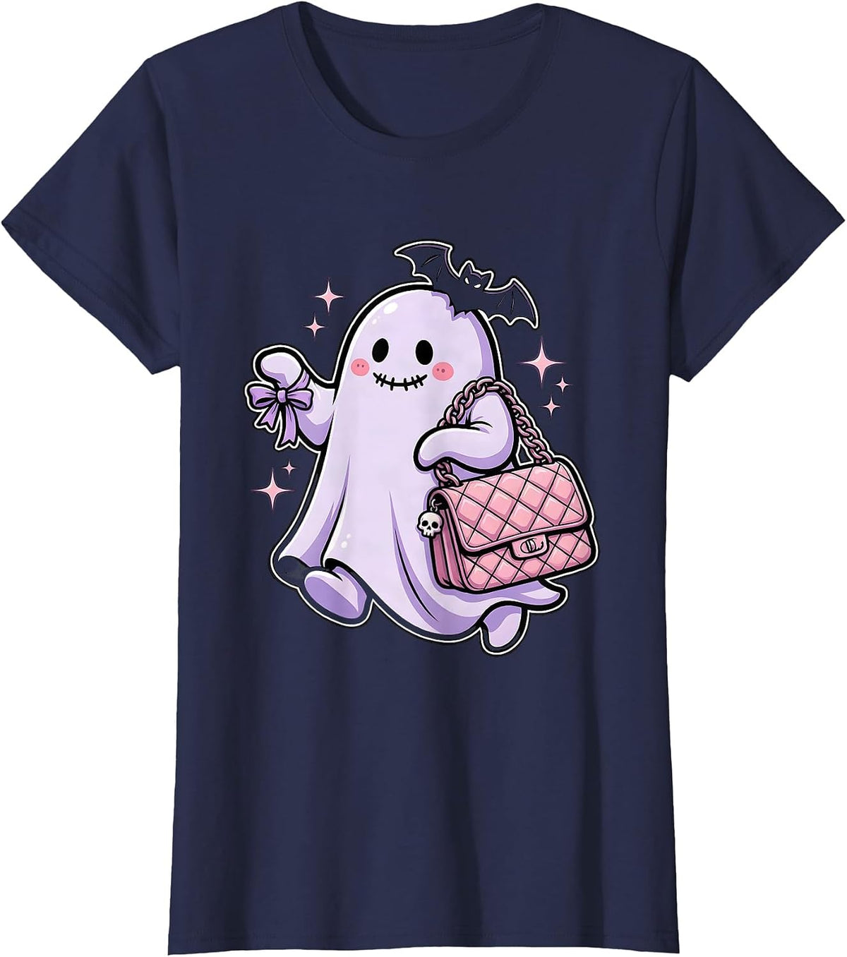 Women's Boo Jee Ghost Designer Handbag Runway Graphic T-Shirt - Navy Blue