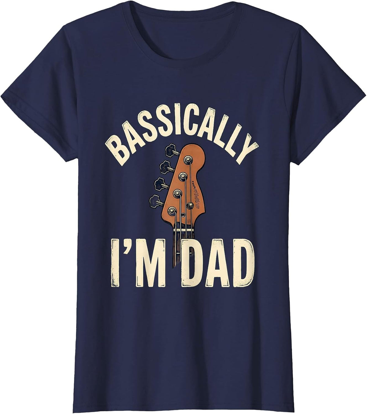 Women's Bassically I'm Dad Vintage Guitar Dad Humor Father's Day T-Shirt - Navy Blue