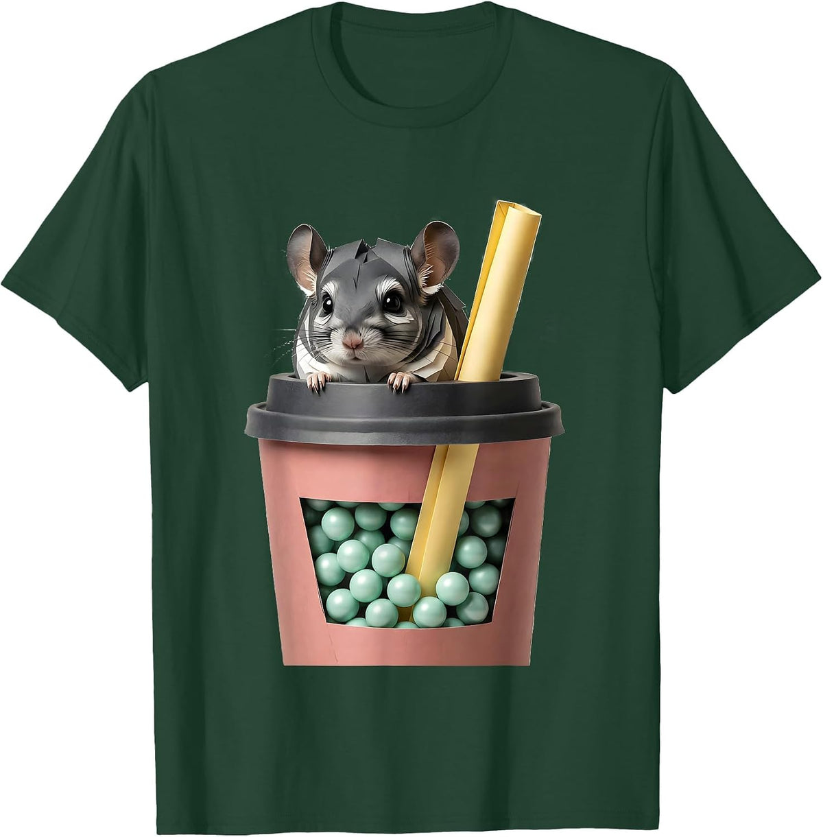 Oversized Boba Cup Kawaii Chinchilla Cute Animal Lover T-Shirt - Dark Green
