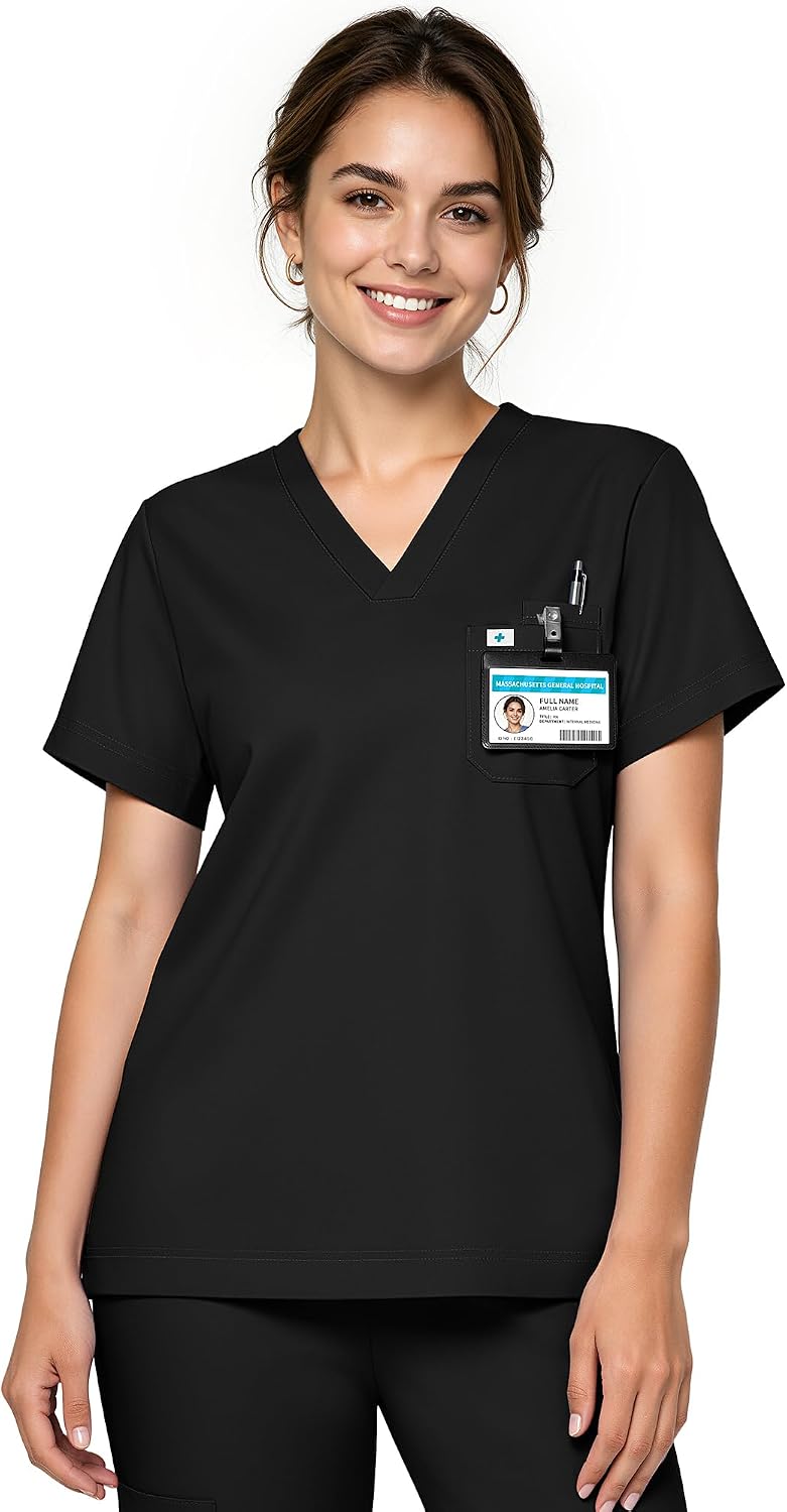 Scrub Tops for Women, Stretch V-Neck Scrub Tops - Black