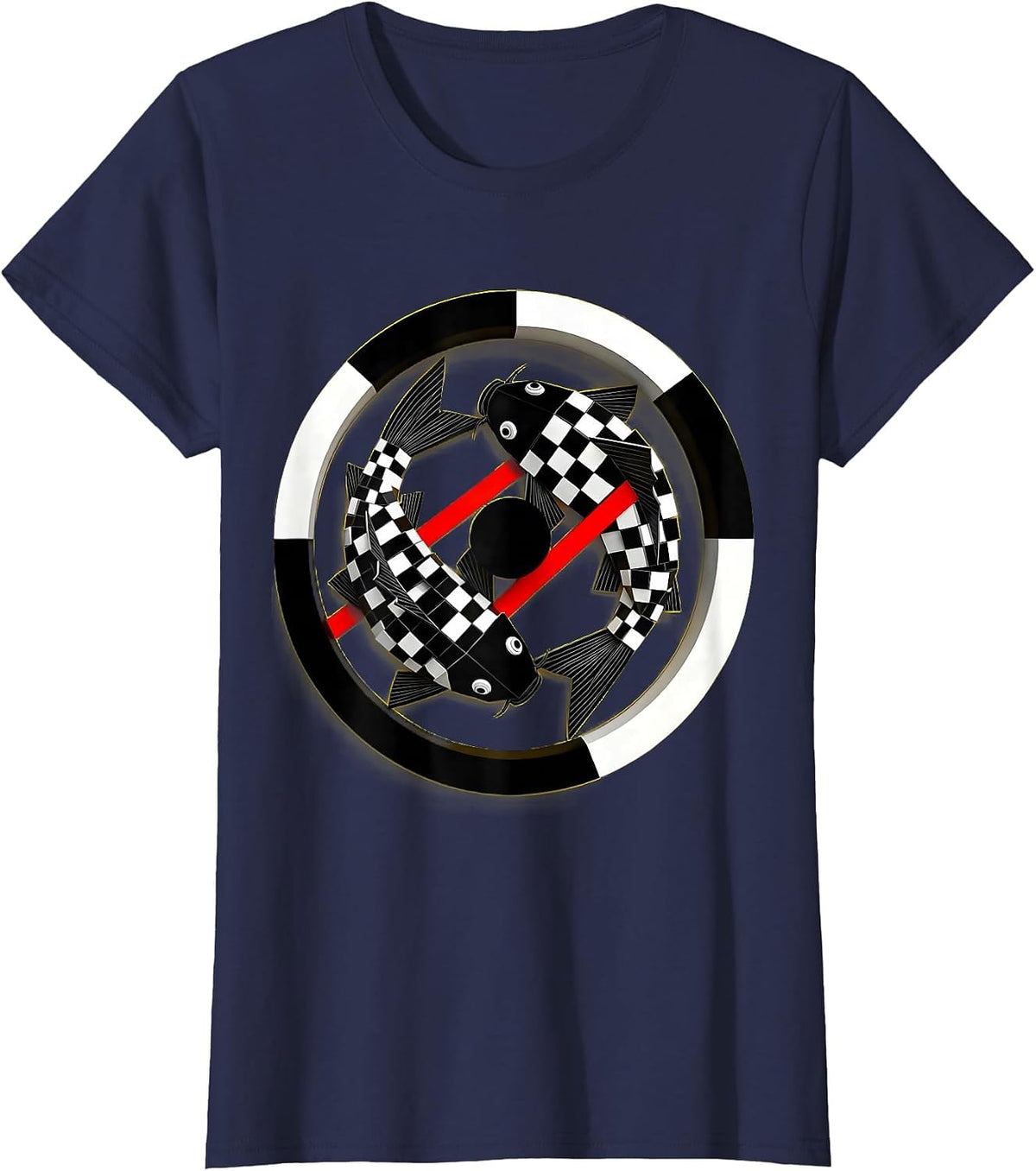 Women's Black and White Checkered Koi Fish Design T-Shirt - Navy Blue