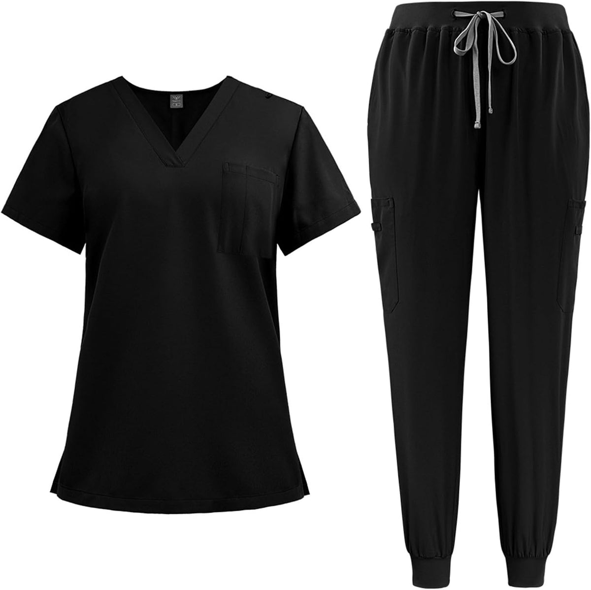 Scrubs for Women Set V Neck Stretch Jogger with Pockets Nursing Uniform - A29-black