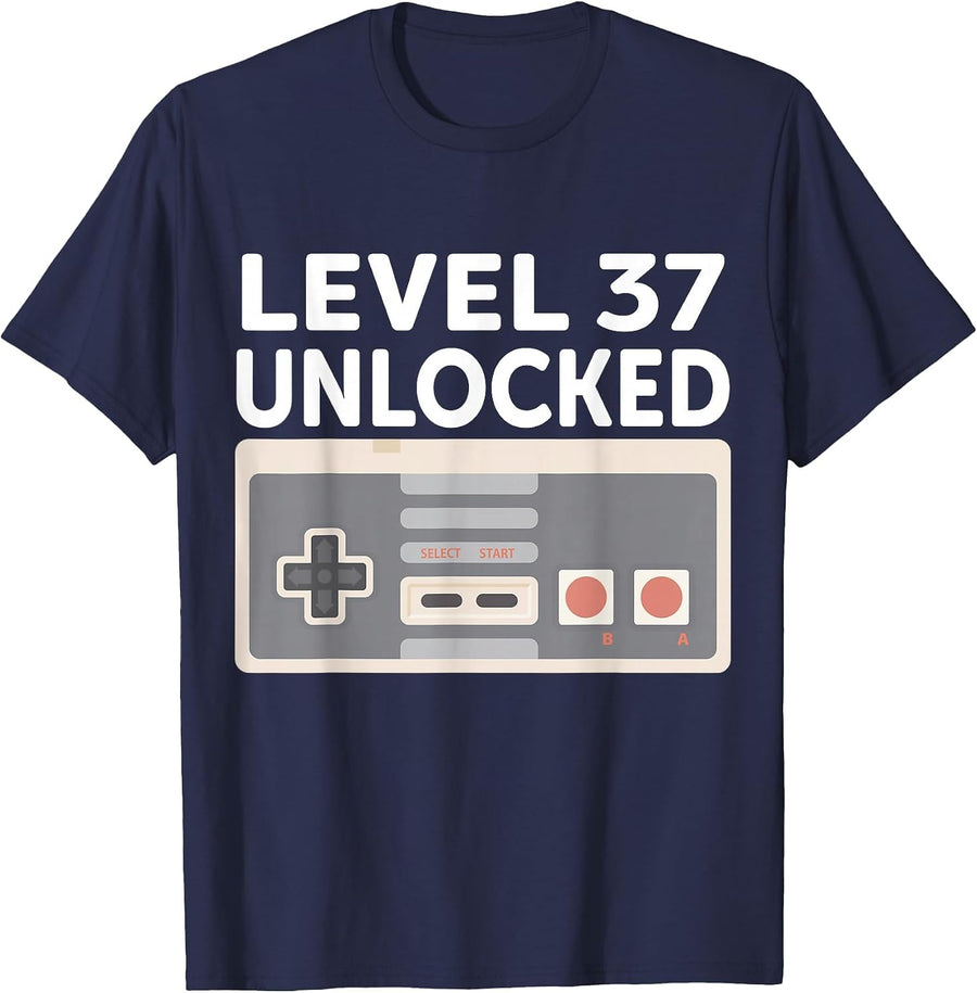 Level 37 Unlocked Funny Video Gamer 37th Birthday T-Shirt - Navy Blue