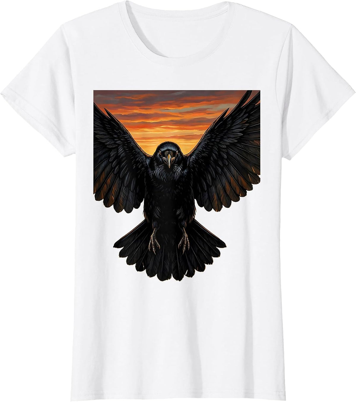Crow With Spread Wings at Sunset Illustration T-Shirt - White