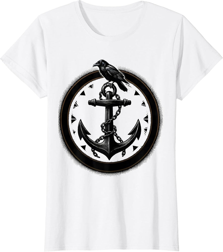 Women's Crow Perched on Anchor Nautical Bird Illustration T-Shirt - White