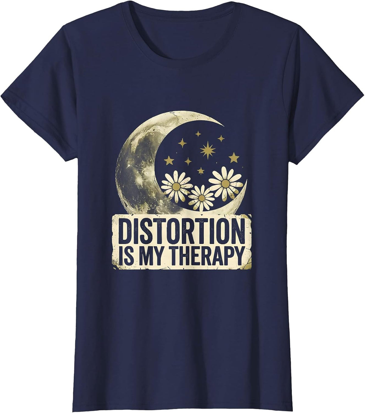Women's Distortion Is My Therapy 80s Rock Band Design T-Shirt - Navy Blue